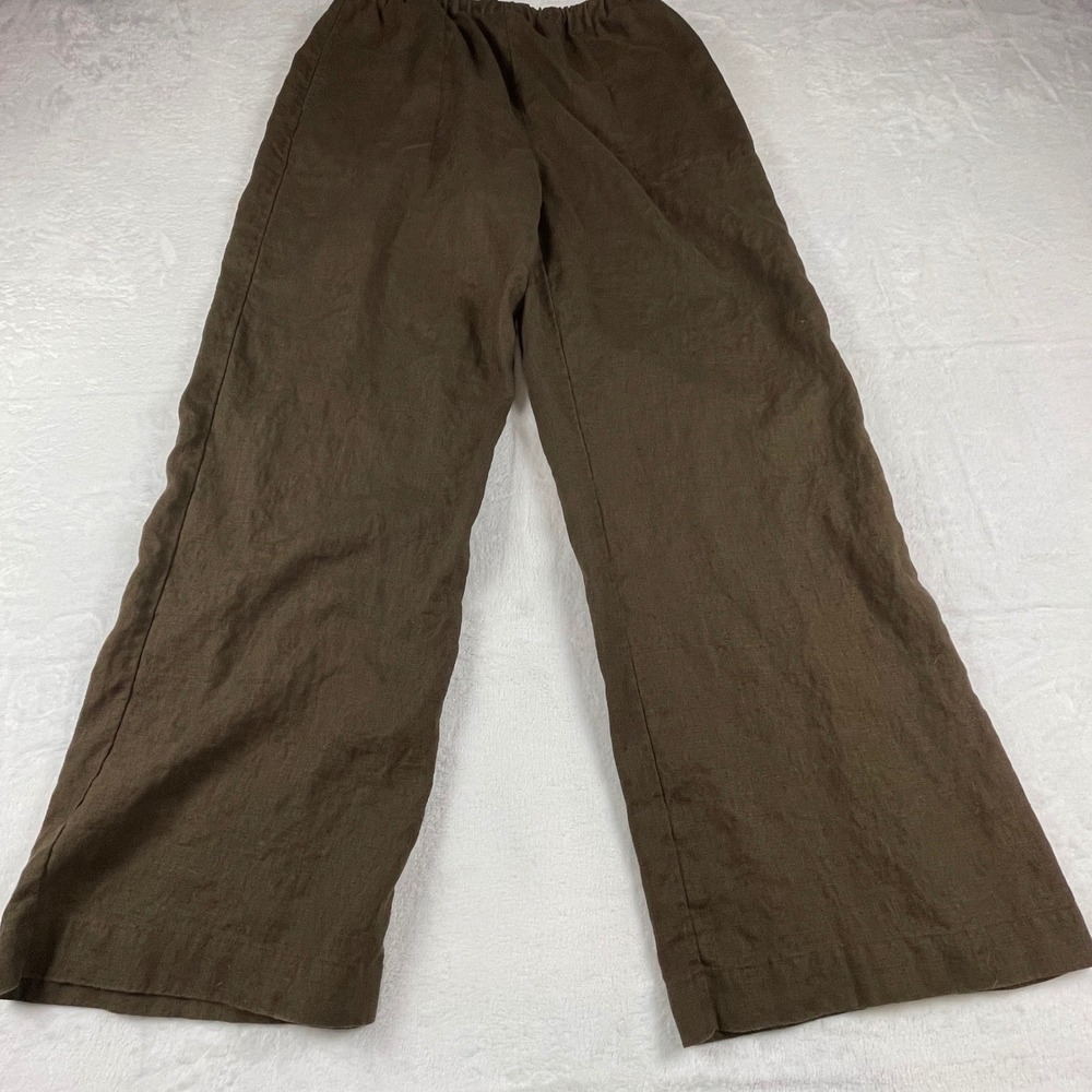 Chicos Design Brown 100% Linen Wide Leg Pants High Rise Elastic Waist Size 3